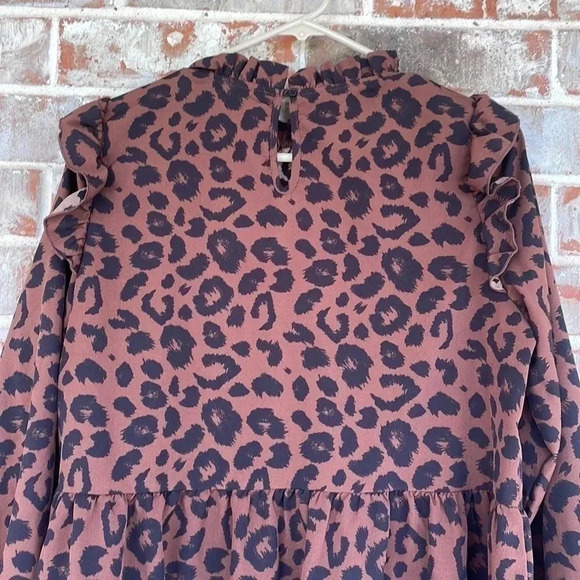 Shein Brown Black Animal Print High Neck Ruffle Mini Dress - Picture 8 of 8